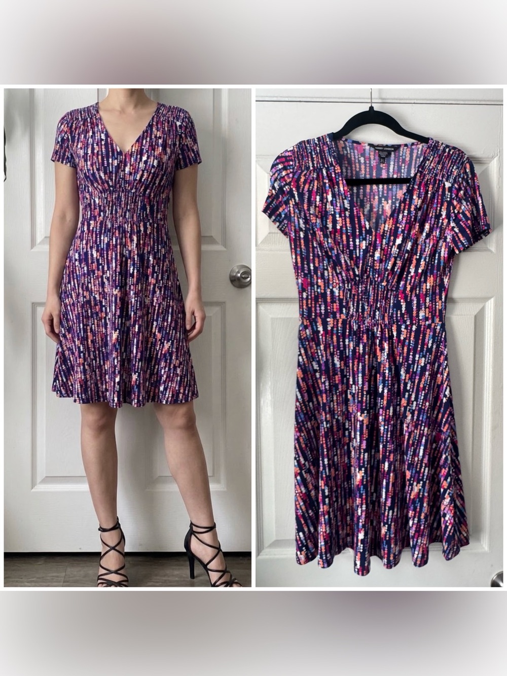 NEW Maggy London Purple Polka Dot Print V-Neck Short Sleeve Dress, Size 2